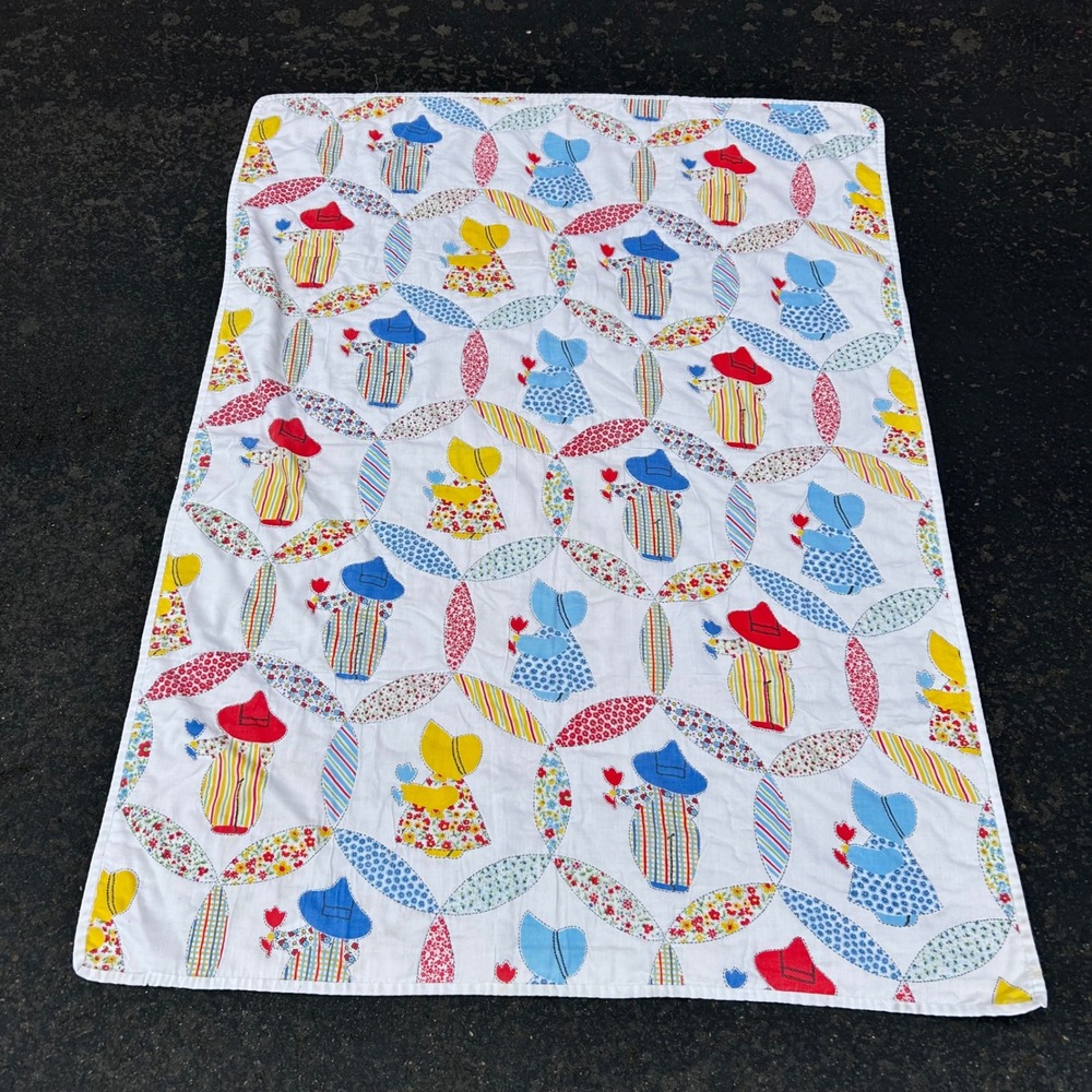 Vintage Children's Quilt Calico Sunbonnet Sue Overall Sam Wedding Ring Blanket